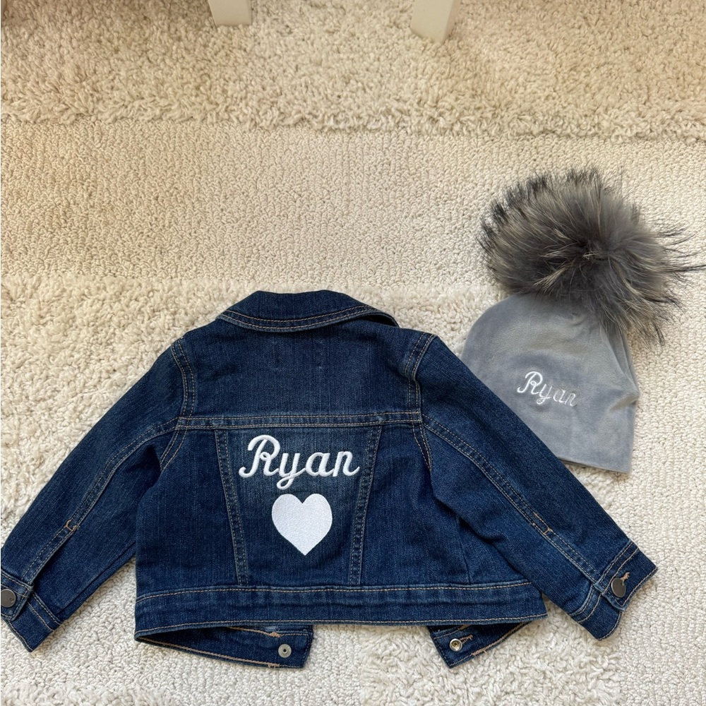 The Children's Place Dark Blue Denim Jacket & hat with Name & Heart (Ryan)